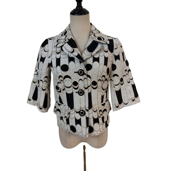 Trina Turk Jackets & Blazers - Trina Turk Cropped Jacket 0 Black White Excellent Gold Metallic Geometric Luxury